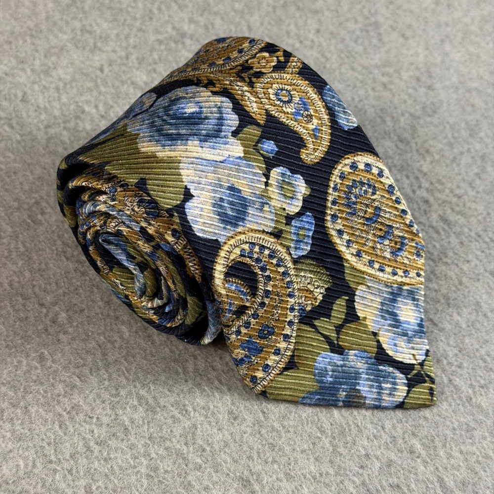 VTG Dion Signature Blue Gold Floral Paisley Silk Tie Handcrafted Canada 60x3.5"